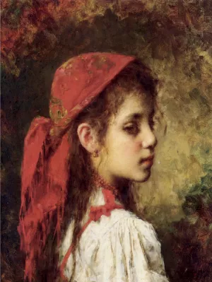 Portrait of a Young Girl in a Red Kerchief by Alexei Harlamoff Oil Painting