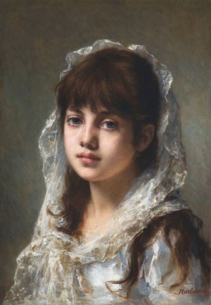 Portrait Of A Young Girl Wearing A White Veil by Alexei Harlamoff Oil Painting
