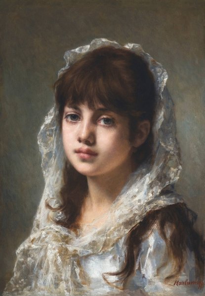 Portrait Of A Young Girl Wearing A White Veil by Alexei Harlamoff - Hand-Painted Oil Painting Reproduction