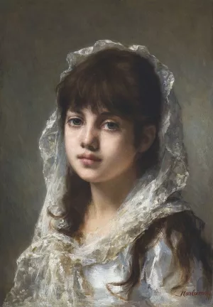 Portrait of a Young Girl Wearing a White Veil by Alexei Harlamoff Oil Painting