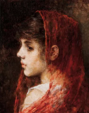 Portrait of a Young Girl with a Red Veil by Alexei Harlamoff Oil Painting