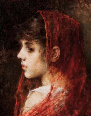 Portrait of a Young Girl with a Red Veil Oil painting by Alexei Harlamoff