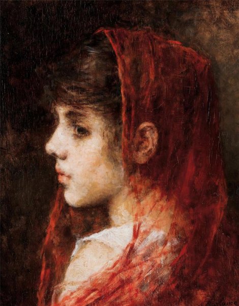Portrait of a Young Girl with a Red Veil by Alexei Harlamoff - Hand-Painted Oil Painting Reproduction