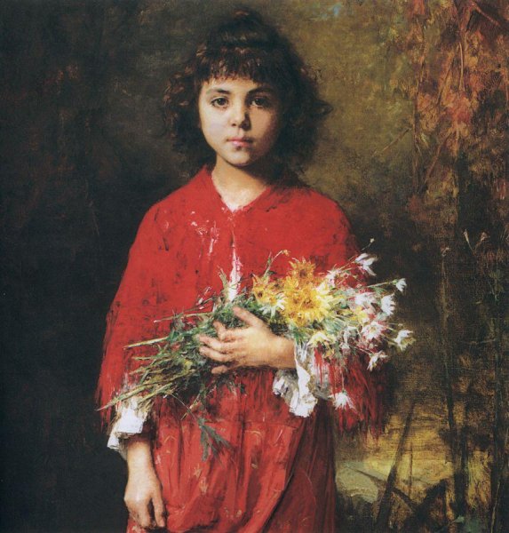 Portrait of a Young Girl with Flowers by Alexei Harlamoff - Hand-Painted Oil Painting Reproduction