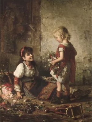 The Little Flower Girls by Alexei Harlamoff Oil Painting