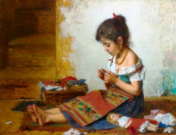 Main Product Photo of The Little Seamstress Painting by Alexei Harlamoff
