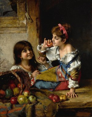 Two Girls With Apples And Pears by Alexei Harlamoff Oil Painting