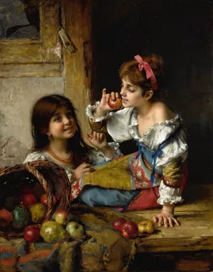 Two Girls With Apples And Pears by Alexei Harlamoff Oil Painting