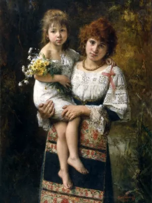 Woman and Child by Alexei Harlamoff - Oil Painting Reproduction