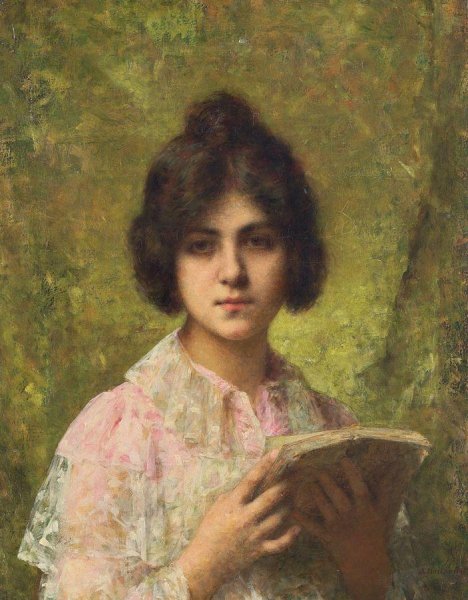 Young Girl Holding a Book by Alexei Harlamoff - Hand-Painted Oil Painting Reproduction