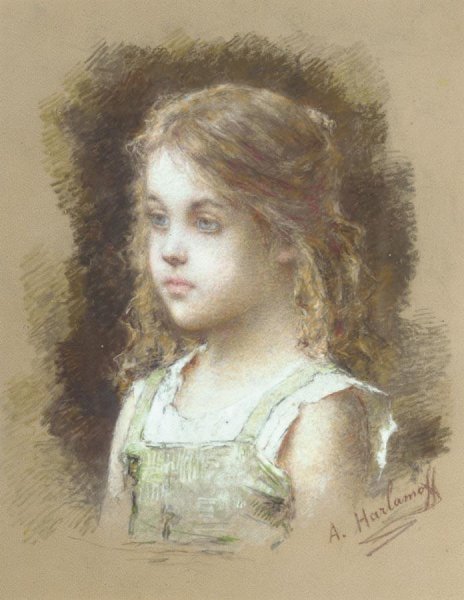 Young Girl In A Green Tunic by Alexei Harlamoff - Hand-Painted Oil Painting Reproduction