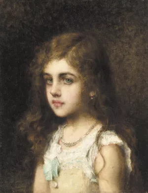 Young Girl With A Turquoise Bow by Alexei Harlamoff Oil Painting