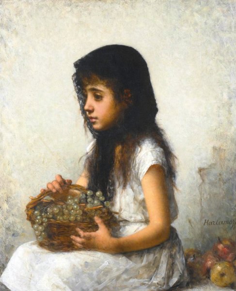 Young Girl with Grapes by Alexei Harlamoff - Hand-Painted Oil Painting Reproduction