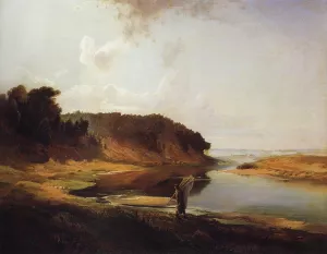 Landscape with River and Angler by Alexei Savrasov Oil Painting