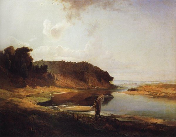 Landscape with River and Angler by Alexei Savrasov - Hand-Painted Oil Painting Reproduction