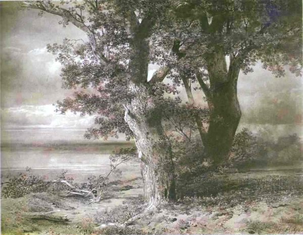 Oaks on River Bank by Alexei Savrasov - Hand-Painted Oil Painting Reproduction