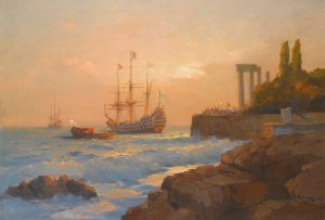 Triumphant Ship Approaching The Harbour by Alexei Vasilievich Hanzen Oil Painting