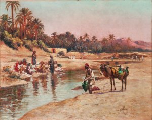 Washerwomen By The River And Water Carrier  Oil painting by Alexis-Auguste Delahogue