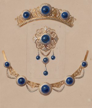 Parure of diadem, brooch and necklace with lapis lazuli and enamel by Alexis Falize Oil Painting