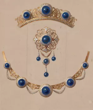 Parure of diadem, brooch and necklace with lapis lazuli and enamel by Alexis Falize Oil Painting