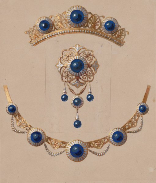 Parure of diadem, brooch and necklace with lapis lazuli and enamel  by Alexis Falize - Hand-Painted Oil Painting Reproduction