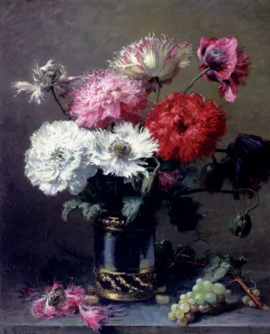 Poppies In A Metal Vase With A Bunch Of Grapes On A Table painting by Alexis Kreijder