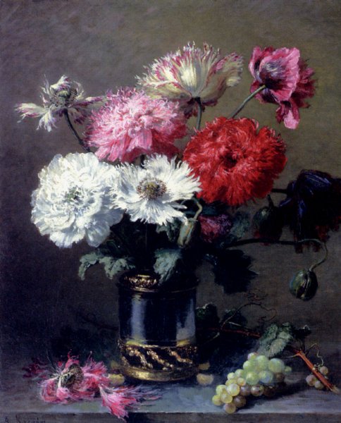 Main Product Photo of Poppies In A Metal Vase With A Bunch Of Grapes On A Table Painting by Alexis Kreijder