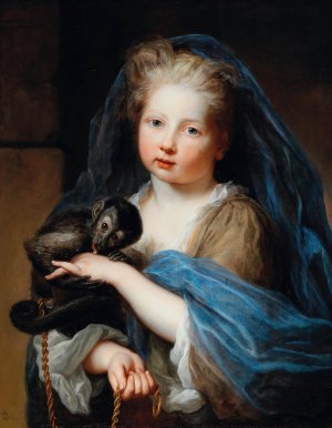 Portrait Of A Young Girl, Holding A Monkey Oil painting by Alexis Simon Belle