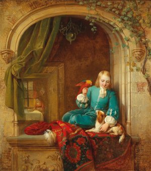 A Boy at the Window with Small Dog and Parrot by Alexis Van Hamme Oil Painting