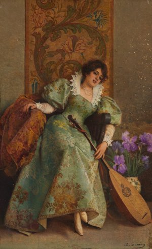 Young lady with lute by Alfonso Savini Oil Painting