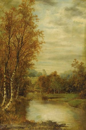 Autumn Landscape With Pond And Castle Tower by Alfred Augustus Glendening Oil Painting