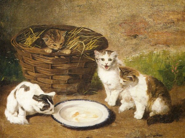 Main Product Photo of Kittens by a Bowl of Milk Painting by Alfred Brunel De Neuville