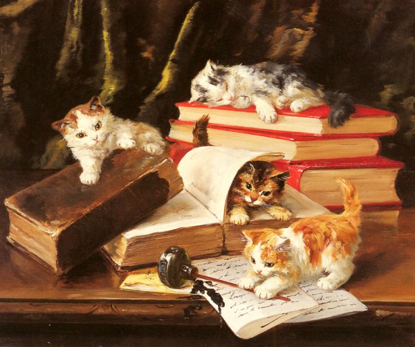 Main Product Photo of Kittens Playing on a Desk Painting by Alfred Brunel De Neuville