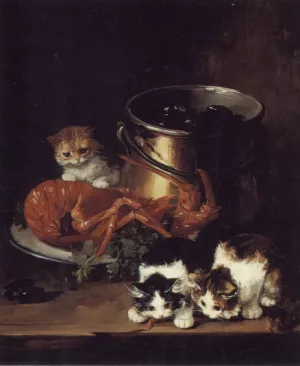 Kittens with Mussels and a Lobster by Alfred Brunel De Neuville Oil Painting