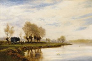 A Misty Morning, The Tow Path at Shepperton by Alfred De Breanski Oil Painting