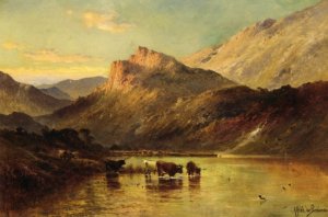Cattle Watering in a Mountainous Landscape Oil painting by Alfred De Breanski Snr