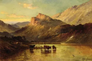 Cattle Watering in a Mountainous Landscape by Alfred De Breanski Snr Oil Painting