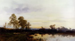 Sunset over a Farmyard Oil painting by Alfred De Breanski Snr