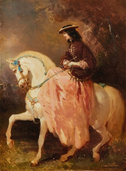 Amazone au petit canotier, veste rouge, jupe rose, une cravache sur un cheval gris aux rubans bleus by Alfred De Dreux - Hand-Painted Oil Painting Reproduction