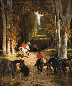 Before The Departure For Hunting In An Alley by Alfred De Dreux Oil Painting