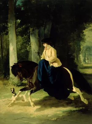 Mademoiselle De Mossellmann Riding In The Bois De Boulogne, Paris by Alfred De Dreux Oil Painting