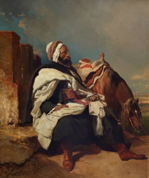 Seated Arab Man with Horse by Alfred De Dreux Oil Painting