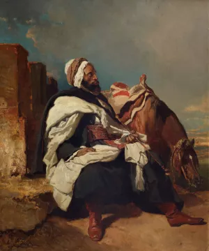 Seated Arab Man with Horse by Alfred De Dreux Oil Painting