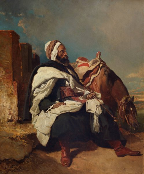 Seated Arab Man with Horse  by Alfred De Dreux - Hand-Painted Oil Painting Reproduction