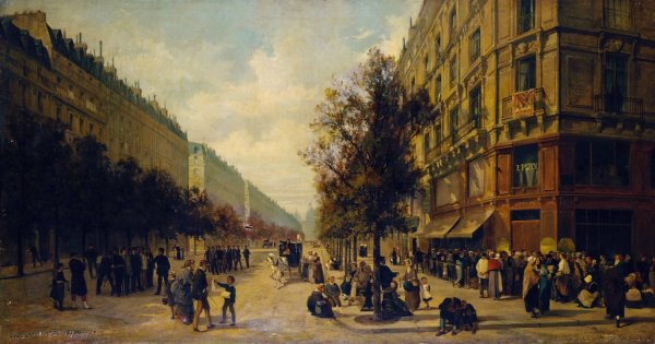 Queue a la porte d'une epicerie  by Alfred Decaen - Hand-Painted Oil Painting Reproduction
