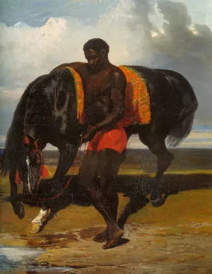 Africain tenant un cheval au bord d'une mer Oil painting by Alfred Dedreux