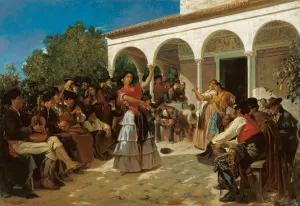 A Gypsy Dance in the Gardens of the Alcazar, in front of Charles V Pavilion by Alfred Dehodencq Oil Painting