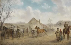 Pferdemarkt am Dorfplatz Oil painting by Alfred Friedlander