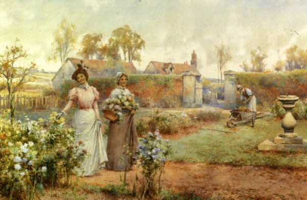 Main Product Photo of A Lady and Her Maid Picking Chrysanthemums Painting by Alfred Glendening