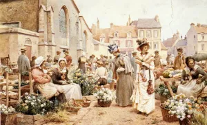 Flower Market in a French Town by Alfred Glendening - Oil Painting Reproduction